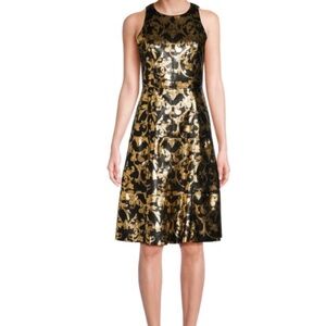 Alice + Olivia Leandra Brocade Faux Leather Fit & Flare Dress
